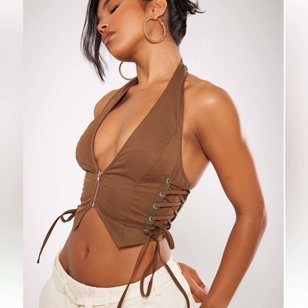 Chocolate Cargo Lace Up Side Zip Up Crop Top